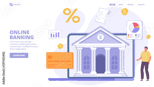 Online banking, bank service, e wallet application, finance report, investments. Flat design concept with characters for landing page. Vector illustration for website, banner.