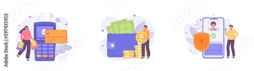 Payment methods: online payment, credit card payment, cash, pos terminal vector illustration collection. Vector scene set in modern flat style.
Flat illustrations for landing page, banner, website.