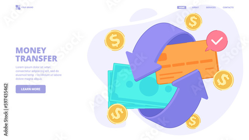 Shopping cashback, money transfer concept with cash, coins, arrows and credit card scene. Design concept for landing page. Flat vector illustration for website, banner, hero image.