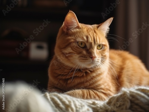 Orange fur cat sitting down with a cool face. Generative ai © Hendrikus