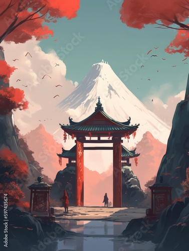 Japanese gate with Fuji mountain background, red color tone, vector art landscape. Generative ai