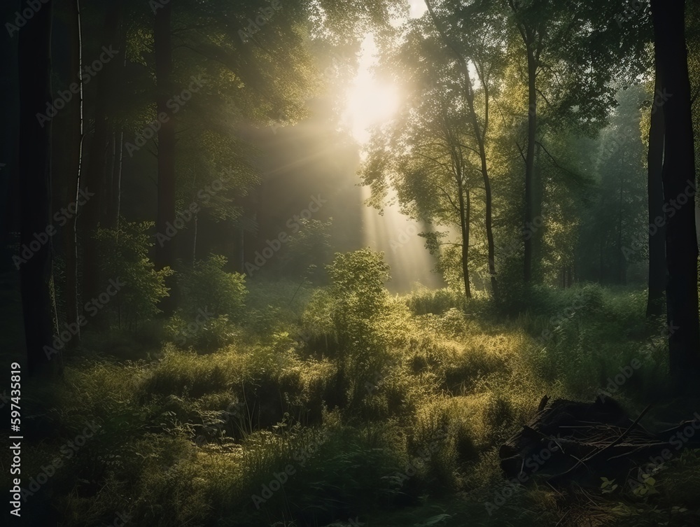 Sun rays in the forest, natural and fresh environment. Generative ai