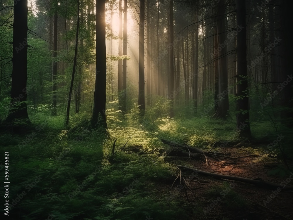 Obraz premium Forest in the morning with fog. Generative ai