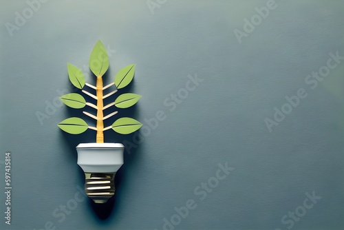 Eco friendly lightbulb made of green paper leaves, the concept of renewable energy and environmental care. Generative AI