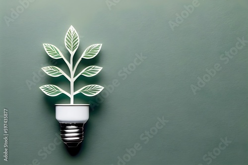 Eco friendly lightbulb made of green paper leaves, the concept of renewable energy and environmental care. Generative AI