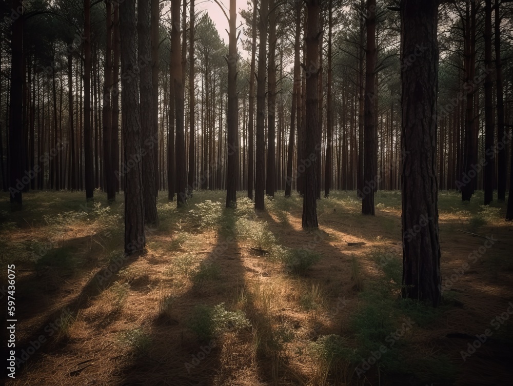 A forest filled with trees, early morning with the sun shining from a distance. Generative ai A forest filled with trees, early morning with the sun shining from a distance. Generative ai
