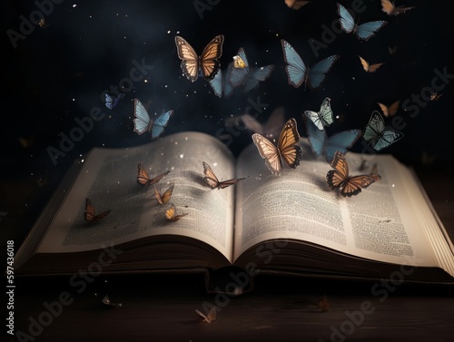 Magical book with many butterflies, fantasy wallpaper. Generative ai © Hendrikus