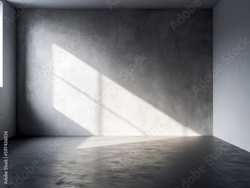 Empty white room with concrete wall and shadow overlay for product placement. Generative ai