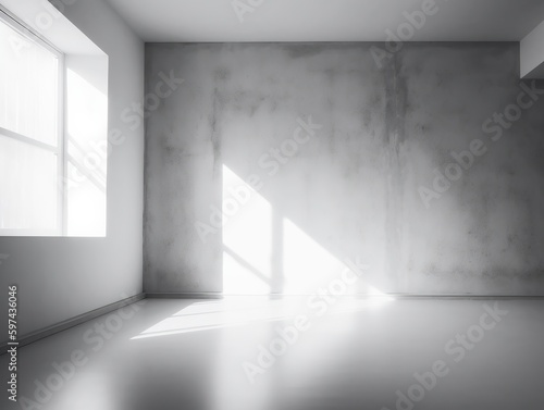 Empty room with concrete wall and window with natural sunlight and shadow overlay  suitable for product placement. Generative ai