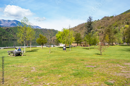 View of the Levico lake park. Trentino Alto Adige, Italy