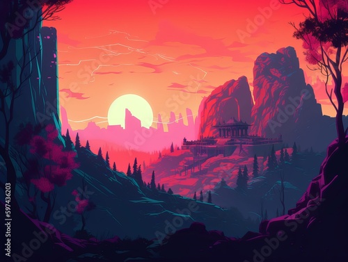 Sunset in the mountains, red tones colors. Generative ai