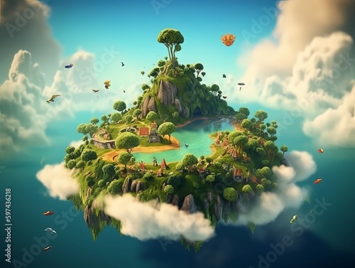 Landscape of an island in the sky, suitable for game assets, fantasy, adventure genre. Generative ai © Hendrikus