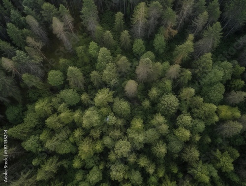 Pine forest top aerial view. Generative ai