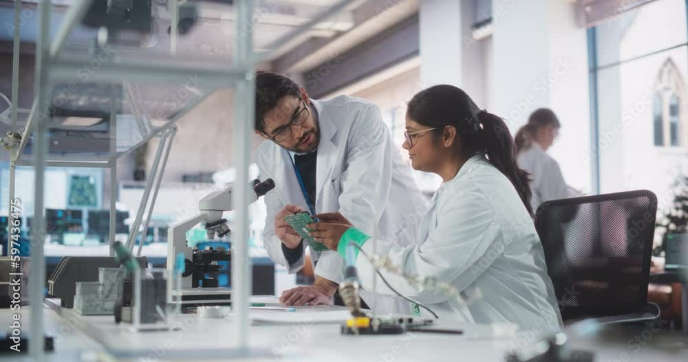 Indian Girl Having a Conversation with a Mentor in a Laboratory, While Working on a Circuit Board for a Project. Young Scholar Talking with a Scientist About Changing the CPU Memory Characteristics Indian Girl Having a Conversation with a Mentor in a Laboratory, While Working on a Circuit Board for a Project. Young Scholar Talking with a Scientist About Changing the CPU Memory Characteristics