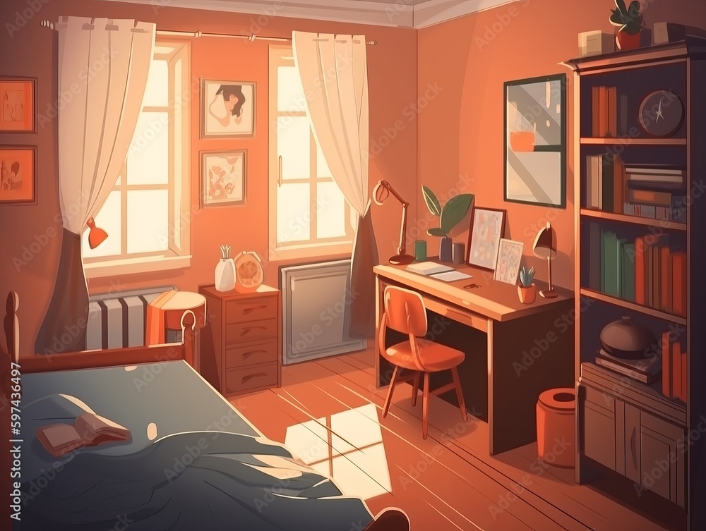 Anime style of living room interior, modern style, bright light, peach tone colors. Generative ...