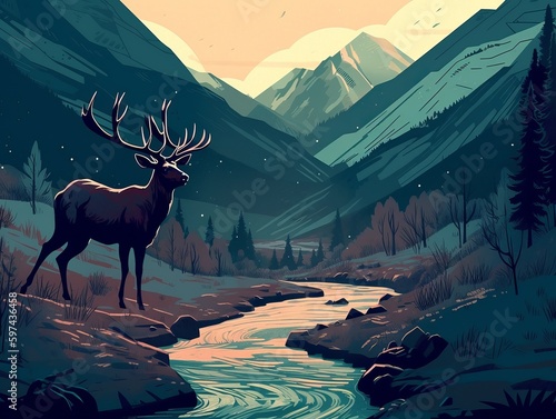 Silhouette of a deer in the mountains wiith river, dark and sofr colors. Generative ai photo
