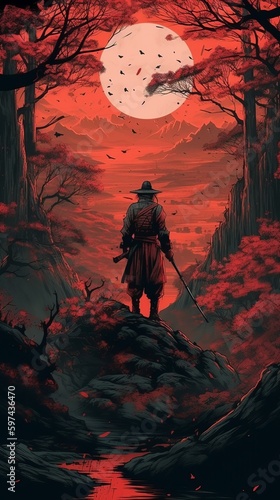 silhouette of a samurai in the woods, dark red tone color. Generative ai