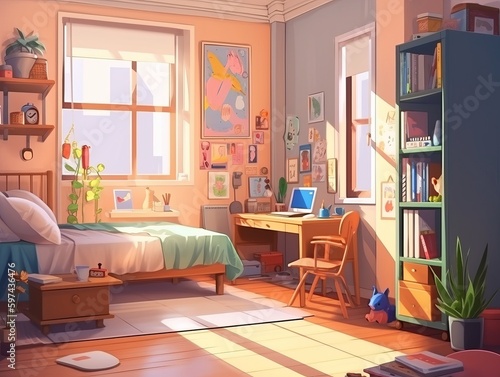 Anime style of living room interior, modern style, bright light, peach tone colors. Generative ai