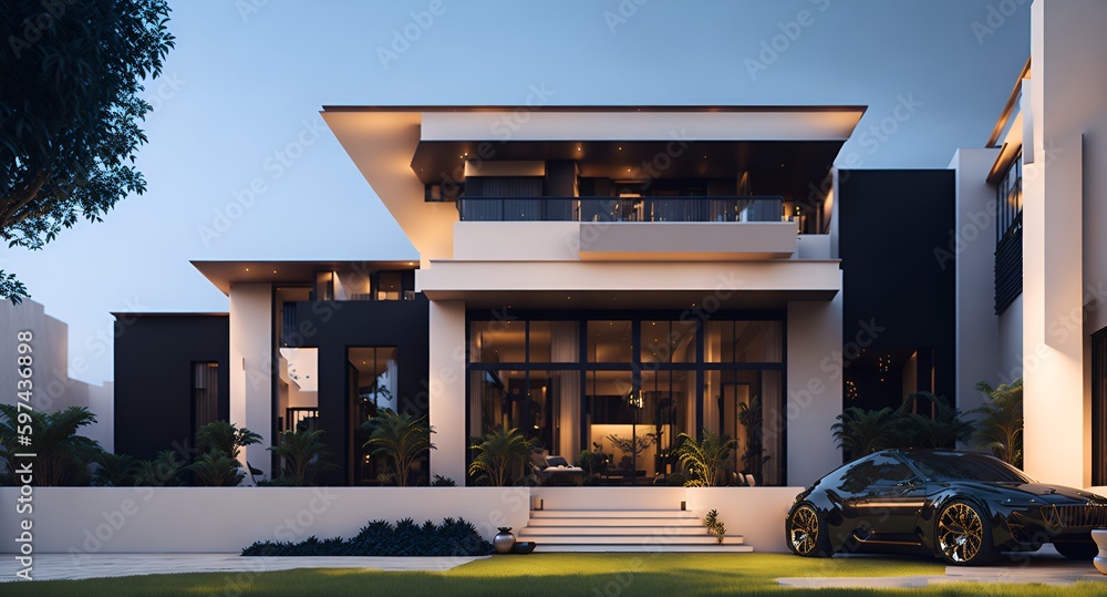 Photo of a contemporary home with a sleek car parked in the driveway - obrazy, fototapety, plakaty 
