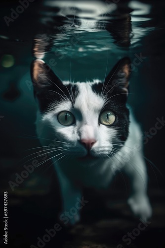 Portrait of a curious black and white American Curl cat diving underwater. Generative AI art.