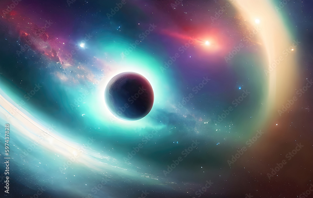 Space background with alien planet in space illustration. Generative Ai.