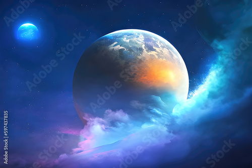 Space background with alien planet in space illustration. Generative Ai.