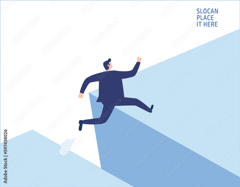 Businessman jumping over gap business risk and challenge courage people business concept vector flat design illustration banner brochure marketing isolated background