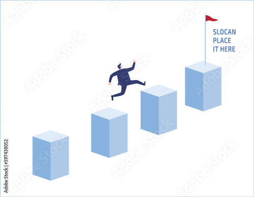 Ambition businessman jump on graph columns. Success, achievment, motivation people business concept vector flat design illustration banner brochure isolated background