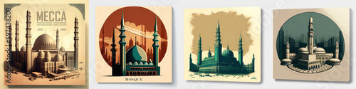 Fotobehang logo set of a great Mosque of Mecca in retro style