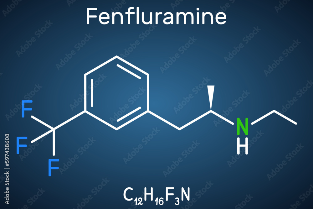 Fenfluramine drug molecule. It is phenethylamine, used as an appetite suppressant. Structural chemical formula on the dark blue background. Fenfluramine drug molecule. It is phenethylamine, used as an appetite suppressant. Structural chemical formula on the dark blue background.