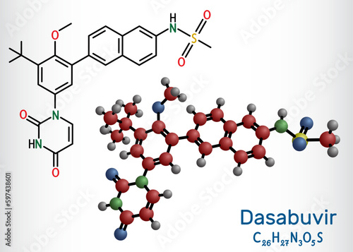 Dasabuvir molecule. It is antiviral drug used to treat hepatitis C virus, HCV, infections. Structural chemical formula and molecule model.