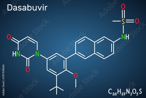 Dasabuvir molecule. It is antiviral drug used to treat hepatitis C virus, HCV, infections. Structural chemical formula on the dark blue background.