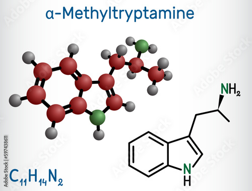 alpha-Methyltryptamine, αMT, AMT,  molecule. It is psychedelic, stimulant, antidepressant and entactogen drug. Structural chemical formula and molecule model.