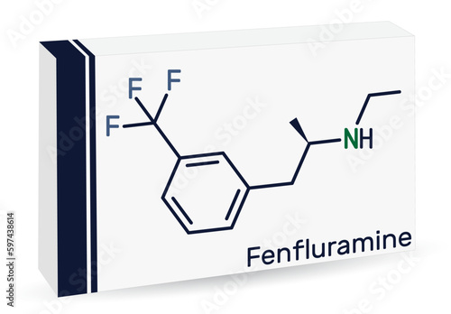 Fenfluramine drug molecule. It is phenethylamine, used as an appetite suppressant. Skeletal chemical formula. Paper packaging for drug