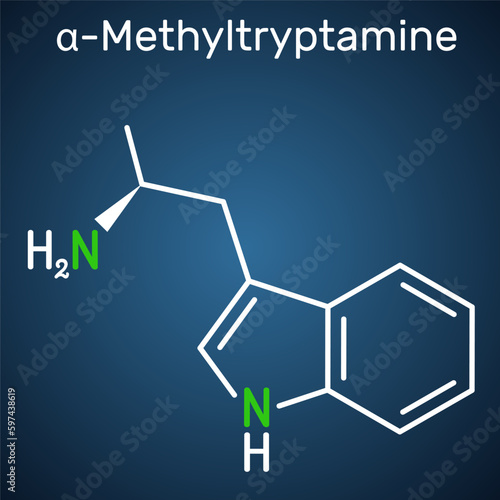 alpha-Methyltryptamine, αMT, AMT,  molecule. It is psychedelic, stimulant, antidepressant and entactogen drug. Structural chemical formula on the dark blue background.