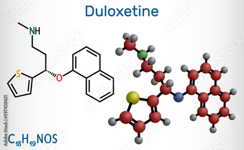Duloxetine antidepressant  drug molecule. It is used to treat  anxiety disorder, neuropathic pain, osteoarthritis. Structural chemical formula and molecule model.