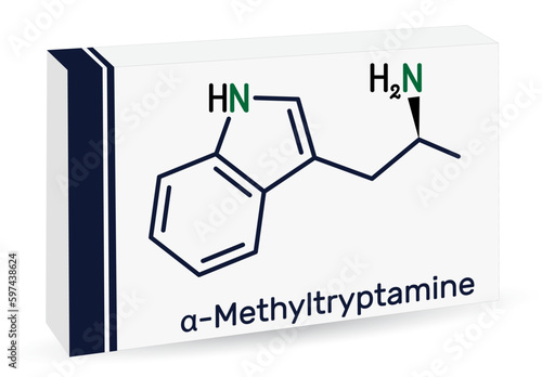 alpha-Methyltryptamine, αMT, AMT,  molecule. It is psychedelic, stimulant, antidepressant and entactogen drug. Skeletal chemical formula. Paper packaging for drugs.