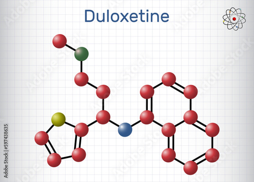Duloxetine antidepressant  drug molecule. Used to treat  anxiety disorder, neuropathic pain, osteoarthritis. Structural chemical formula, molecule model. Sheet of paper in a cage.