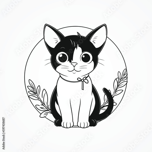 Cute black and white cat with green leaves. Vector illustration.