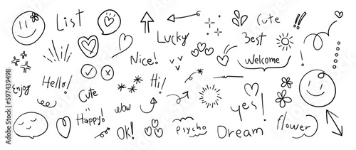 Set of cute pen line doodle element vector. Hand drawn doodle style collection of heart, arrows, scribble, speech bubble, emotion, words. Design for print, cartoon, card, decoration, sticker.