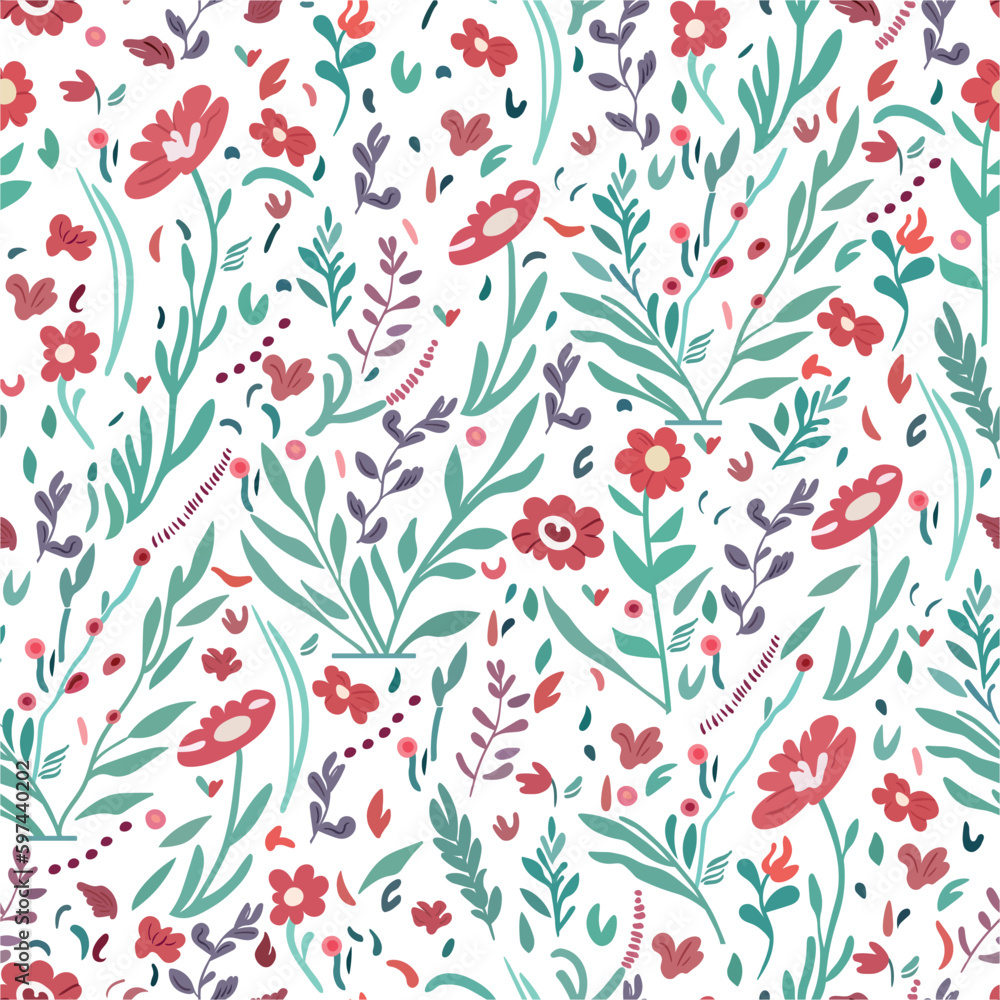 Vector pattern for fabrics depicting red wild flowers of different sizes on a light background. Suitable for use in textiles. Small pattern. Vector pattern for fabrics depicting red wild flowers of different sizes on a light background. Suitable for use in textiles. Small pattern.