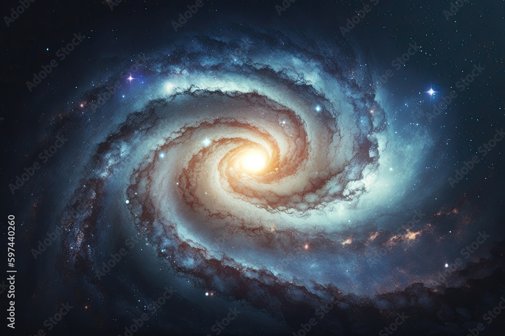 two spiral galaxies in a dark night sky with stars. Generative AI two spiral galaxies in a dark night sky with stars. Generative AI
