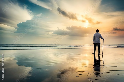 Ein nachdenklich wirkender Mann am Strand bei Sonnenuntergang