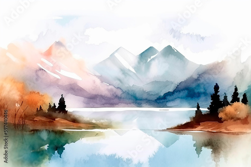 generative ai illustration of beautiful landscape with mountains and lakes in watercolor, aquarelle look