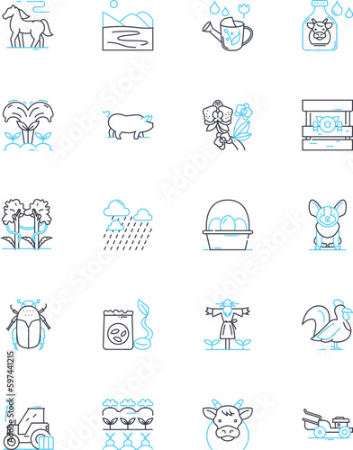 Gardening linear icons set. Soil, Seeds, Plants, Fertilizer, Compost, Watering, Pruning line vector and concept signs. Weeding,Mulch,Sunlight outline illustrations