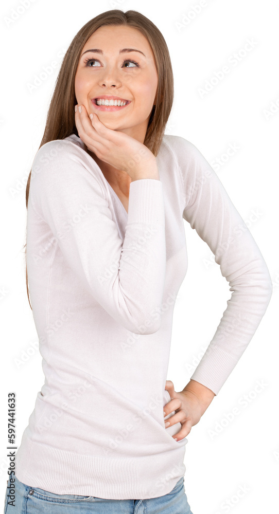 Woman Standing with Hand on Face and on Hip - Isolated Woman Standing with Hand on Face and on Hip - Isolated