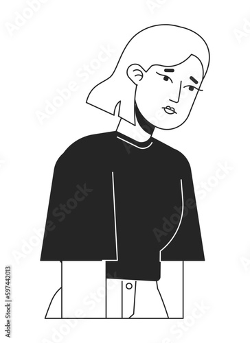 Demotivated depressed young woman flat line black white vector character. Editable isolated outline half body person. Burnout simple cartoon style spot illustration for web graphic design, animation