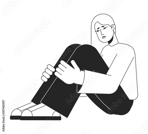 Upset girl hugs knees to chest flat line black white vector character. Editable isolated outline full body person. Self soothe simple cartoon style spot illustration for web graphic design, animation