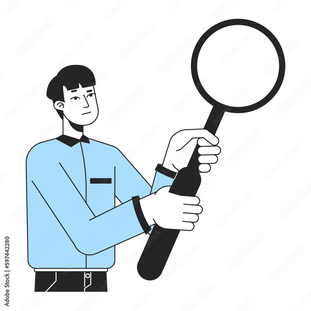 Curious man in formal shirt with magnifying glass flat line color vector character. Editable simple outline half body person on white. Cartoon spot illustration for web graphic design and animation Curious man in formal shirt with magnifying glass flat line color vector character. Editable simple outline half body person on white. Cartoon spot illustration for web graphic design and animation