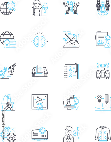 Curriculum linear icons set. Education, Learning, Syllabus, Pedagogy, Subjects, Mastery, Competency line vector and concept signs. Goals,Assessment,Evaluation outline illustrations photo